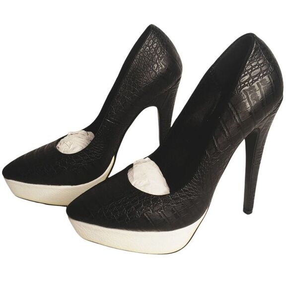 NWOB Tobi Croc Embossed Black Platform Stiletto Heels Pumps Size 38 - Picture 1 of 9